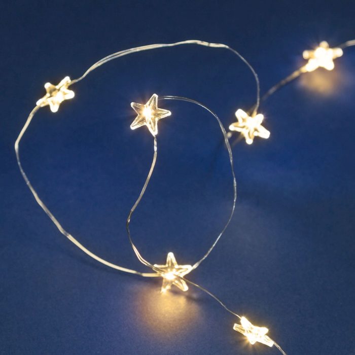 Catena 20 Stelle MicroLED BIANCO 13mm Luce Fissa e Flashing a Batteria Interno Cavo Metal Argento 0,3+1,9m
