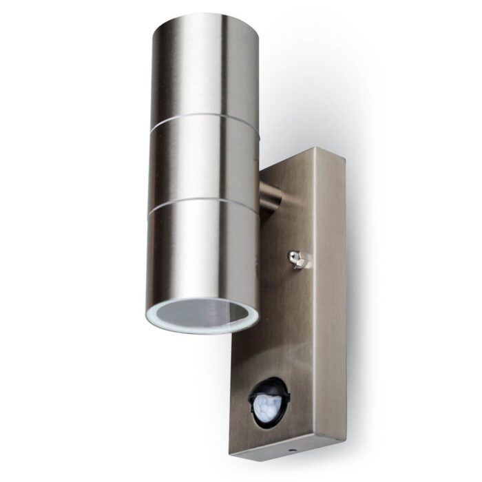 PROMO - Portafaretto LED da Muro 2 GU10 (Max 2*35W) con Sensore PIR Colore Metallico IP44