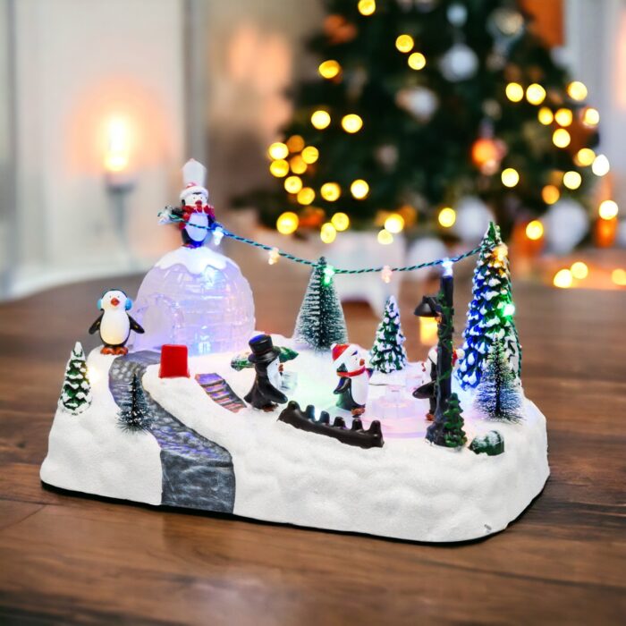Paesaggio polare con pinguini rotanti a batteria 28xH16cm